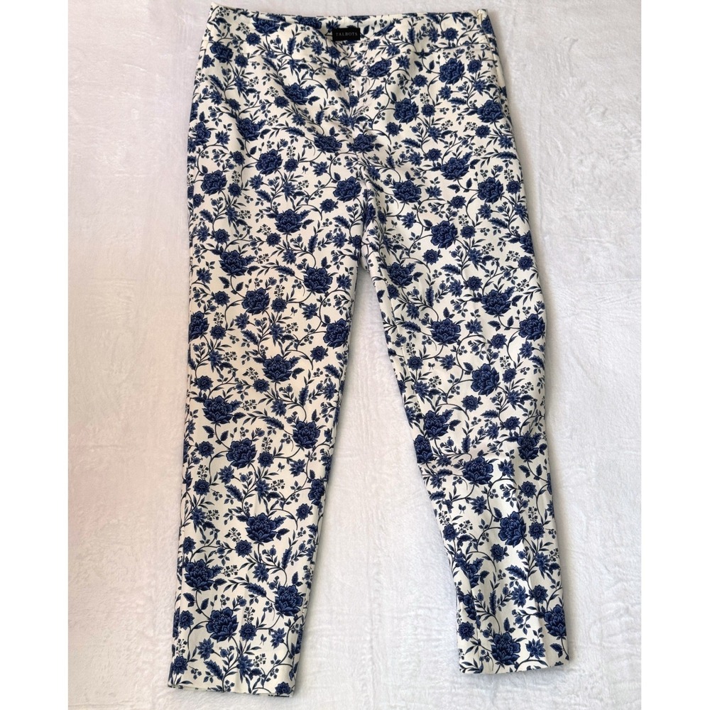Talbots White and Navy Floral Straight Leg Pants